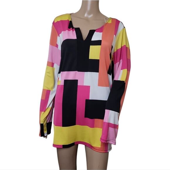 Melissa Paige Color Block Split Neck Blouse - Picture 1 of 4